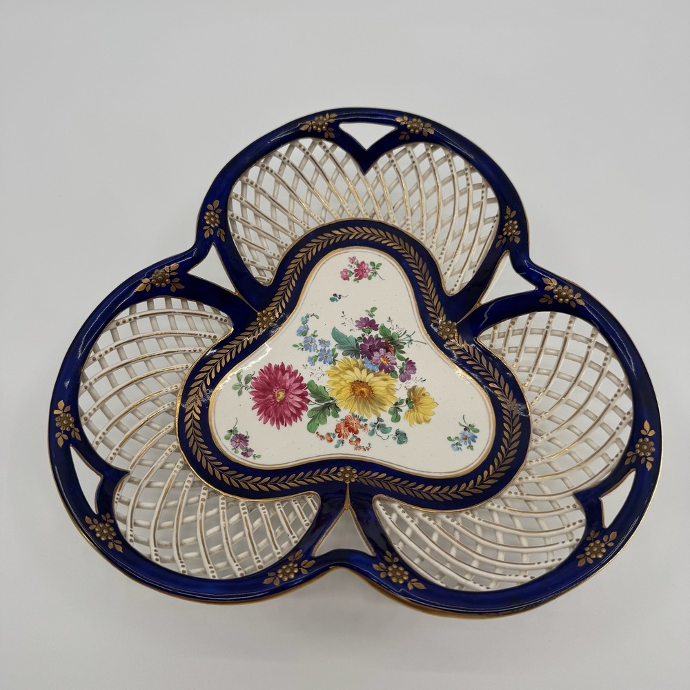 Vtg Dresden Reticulated Lattice Porcelain Bowl Footed Blue Gold Floral Germany